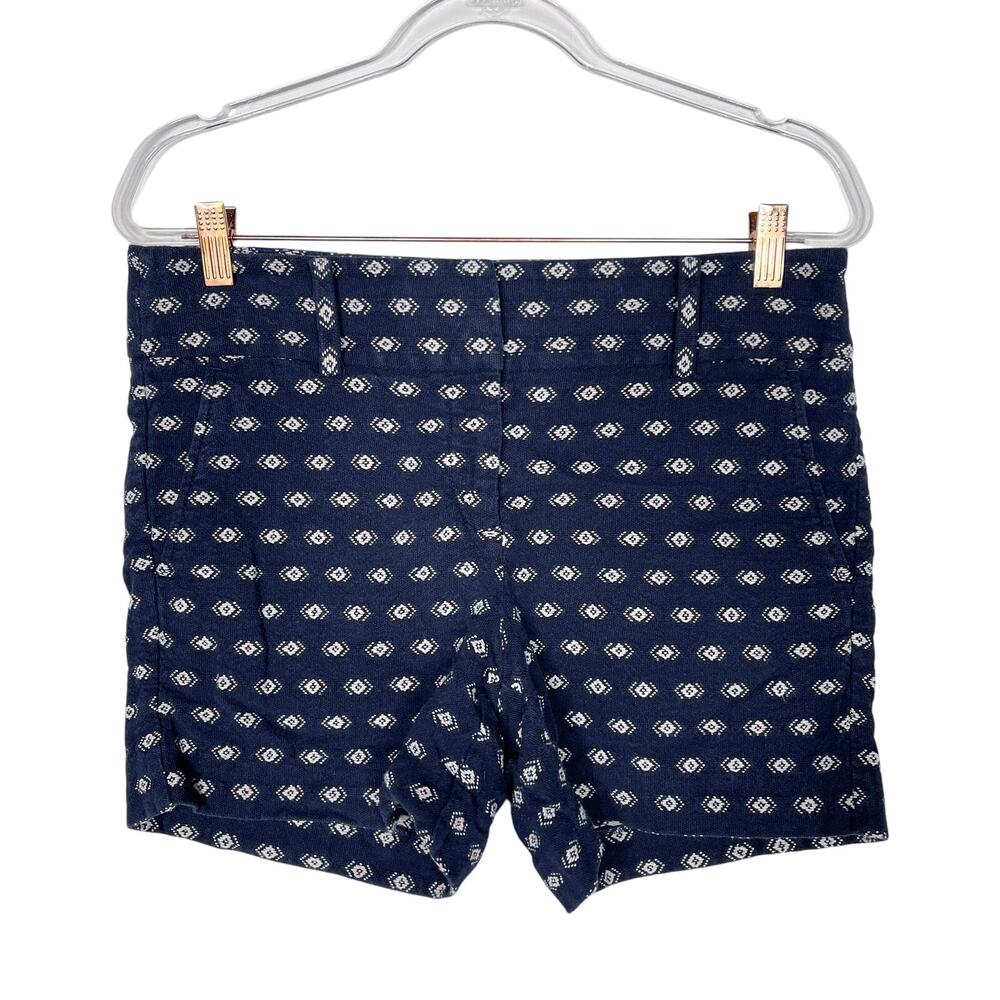 Ann Taylor Size 8 Navy Blue Cream Embroidered Cotton Shorts Flat Front Casual
